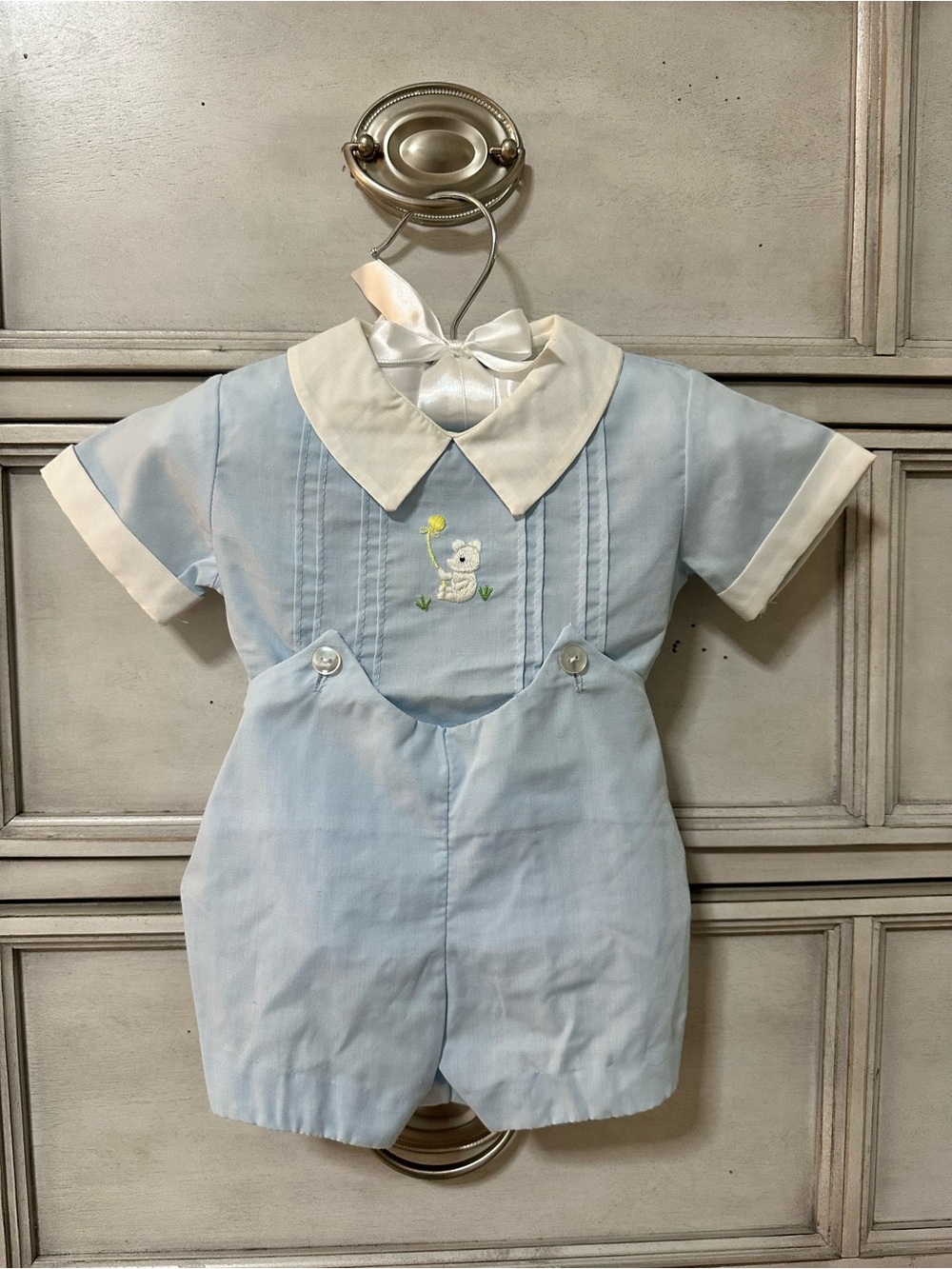 Nursery Rhyme Light Blue and White Baby Shortall with Embroidered Bear